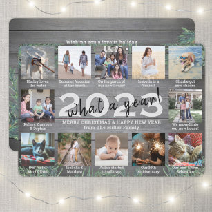 12 Photo Collage & Captions What a Year Pine Wood Holiday Card