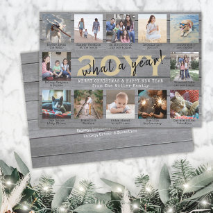 12 Photo Collage & Captions What a Year Wood Gold Holiday Card