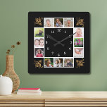 12 Photo Collage Create Your Own Gold Black Square Wall Clock<br><div class="desc">Create your own photo collage wall clock with 12 of your favourite pictures. The photo frame clock  helps you treasure your special moments and also makes a thoughtful gift for parents, grandparents and friends. The personalized family clock makes an unique gift for all occasions.</div>