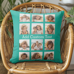 12 Photo Collage - Emerald Green and Custom Text Throw Pillow