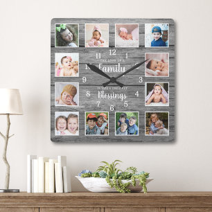 12 Photo Collage Family Blessings Quote Grey Wood Square Wall Clock