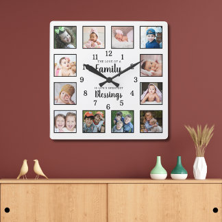 12 Photo Collage Family Love Blessings Quote White Square Wall Clock