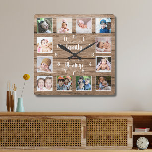 12 Photo Collage Family Love Blessings Quote Wood Square Wall Clock