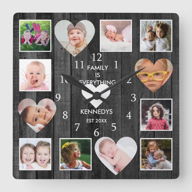 12 Photo Collage Family Quote Heart Black Wood  Square Wall Clock (Front)