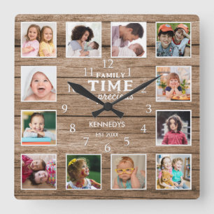 12 Photo Collage Family Time Quote Reclaimed Wood Square Wall Clock