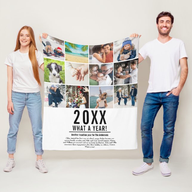 12 Photo Collage Family Year In Review Modern Fleece Blanket (In Situ)
