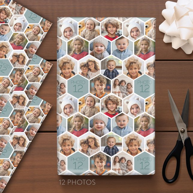 12 Photo Collage - funky hexagon honeycomb pattern Wrapping Paper Sheet (Custom Photo Wrapping Paper)