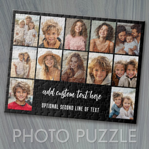 12 Photo Collage Grid - 2 Text boxes - black white Jigsaw Puzzle