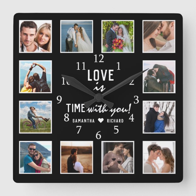 12 Photo Collage Love Quote Wedding Anniversary Square Wall Clock (Front)