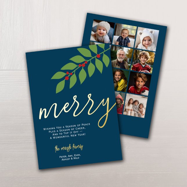 12 Photo Collage - Merry Script - Navy Botanical Foil Holiday Card (12 Photos - gold foil - modern design with merry script font)