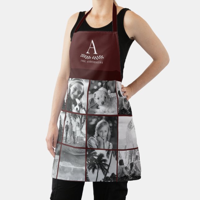 12 Photo Collage Monogram Burgundy Apron (Insitu)