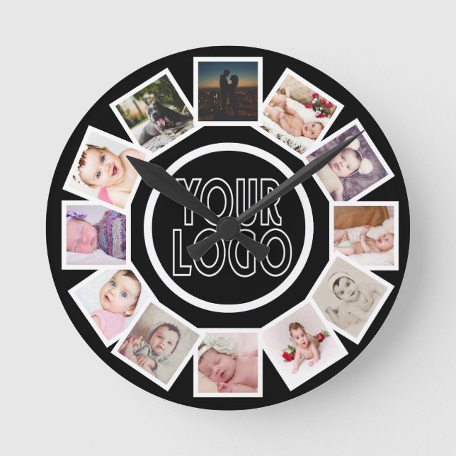 12 Photo Collage Personalized Black White  Round Clock (Front)