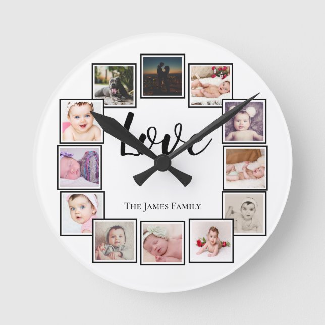 12 Photo Collage Personalized Black White Round Clock (Front)