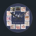 12 Photo Collage Personalized Blue Round Clock<br><div class="desc">12 Photo Collage Personalized Template blue wall clock .. simply add your own photographs and text to this great wall clock .. easy to personalize .. customizable photo template clock from Ricaso - perfect gift-ideas</div>