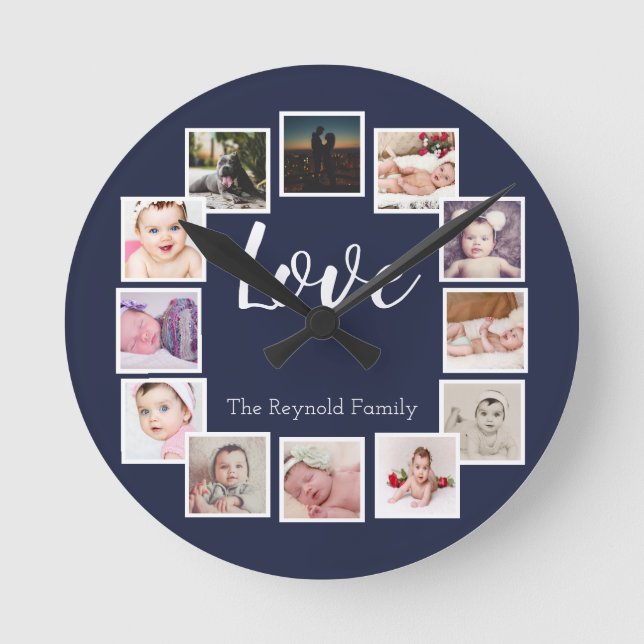 12 Photo Collage Personalized Blue Round Clock (Front)