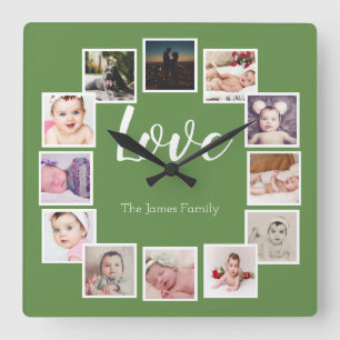 12 Photo Collage Personalized Green Square Wall Clock