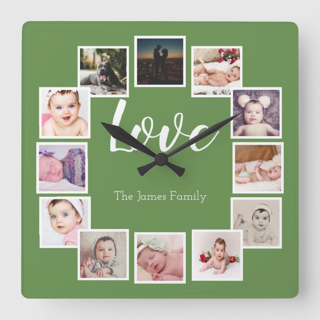 12 Photo Collage Personalized Green Square Wall Clock (Front)