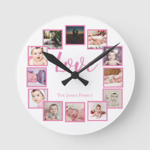 12 Photo Collage Personalized Pink White Round Clock