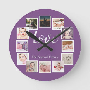 12 Photo Collage Personalized Purple Round Clock