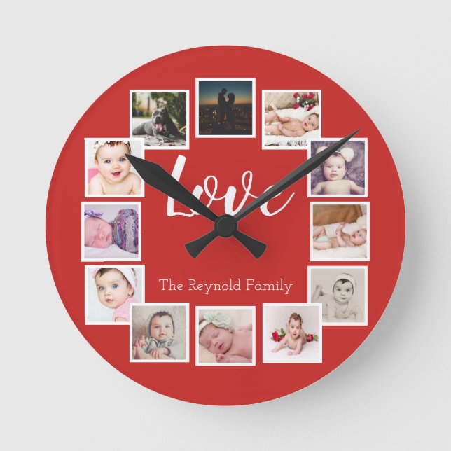 12 Photo Collage Personalized Red Round Clock (Front)
