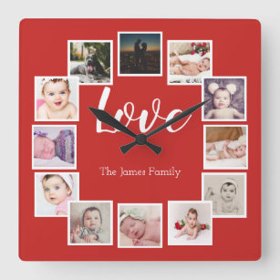 12 Photo Collage Personalized Red Square Wall Clock