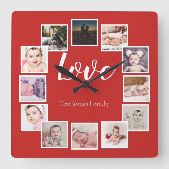 12 Photo Collage Personalized Red Square Wall Clock (Front)