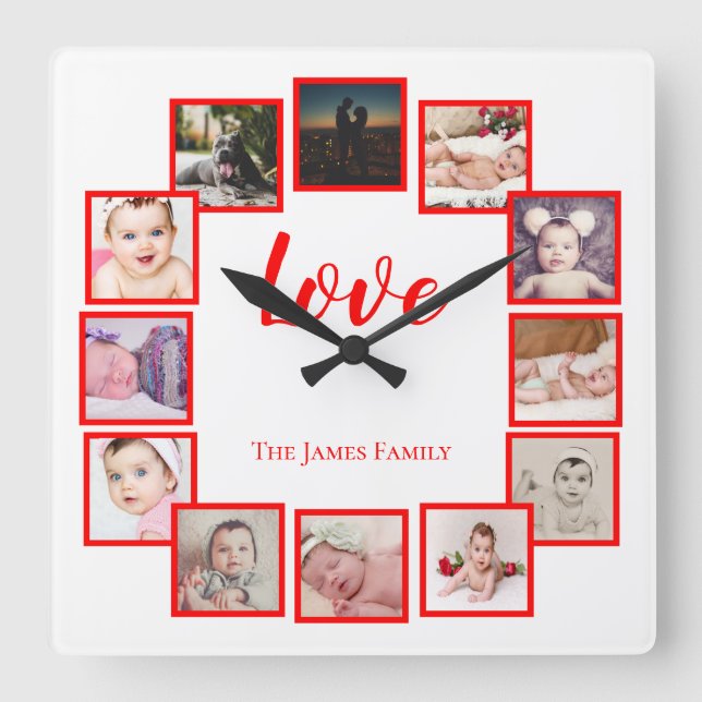 12 Photo Collage Personalized Red Square Wall Clock (Front)