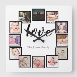 12 Photo Collage Personalized White Square Wall Clock