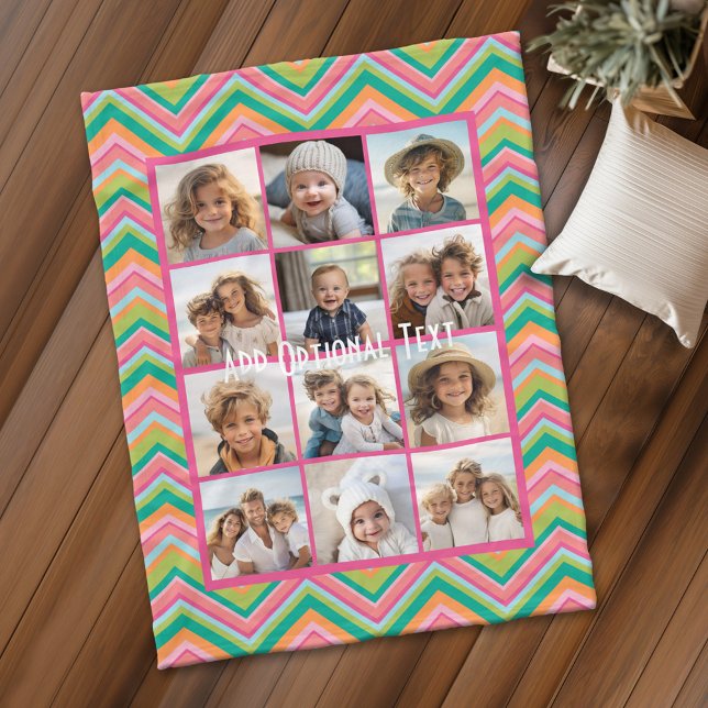 12 Photo Collage - Pink Colourful Chevron Pattern Fleece Blanket (Personalized fleece blanket with 12 photos and a monogram)