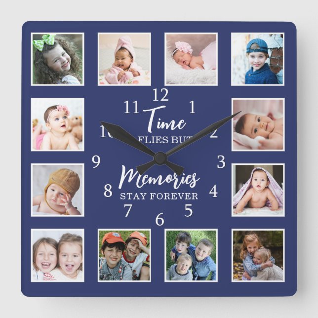 12 Photo Collage Time Flies Memories Stay Blue Square Wall Clock (Front)
