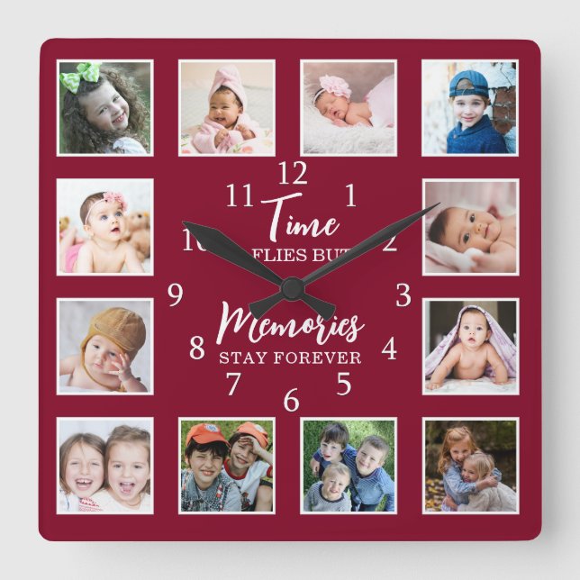 12 Photo Collage Time Flies Memories Stay Burgundy Square Wall Clock (Front)