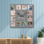 12 Photo Collage Time Flies Memories Stay Grey Square Wall Clock<br><div class="desc">Modern black and white 12 photo collage wall clock with 'Time flies but memories stay forever' quote typography in the middle.</div>