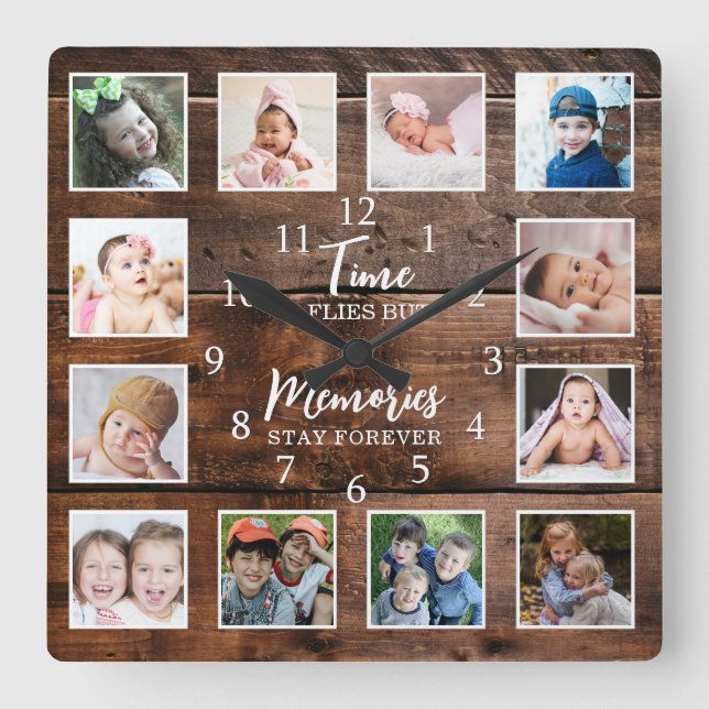 12 Photo Collage Time Memories Quote Dark Wood Square Wall Clock (Front)