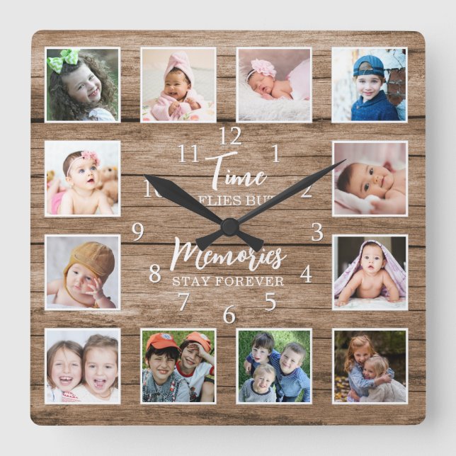 12 Photo Collage Time Memories Quote Rustic Wood Square Wall Clock (Front)