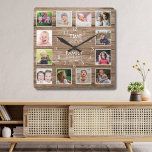 12 Photo Collage Time Spent With Family Quote Wood Square Wall Clock<br><div class="desc">Rustic wood photo clock with the inspiring family quote "Time spent with family is worth every second”. Personalize with 12 of your favourite family pictures.</div>
