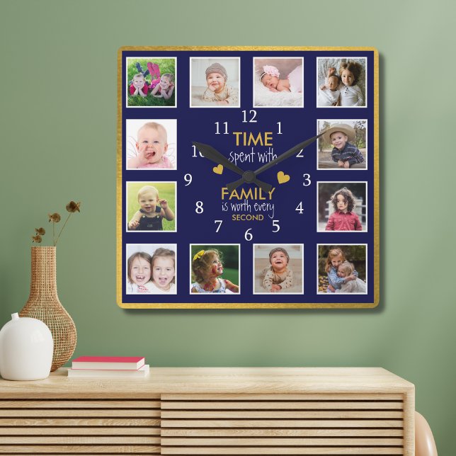 12 Photo Collage Time With Family Quote Blue Gold Square Wall Clock (Creator Uploaded)