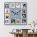 12 Photo Collage Time With Family Quote Dusty Blue Square Wall Clock<br><div class="desc">Custom photo clock with the inspiring family quote "Time spent with family is worth every second”. Personalize with 12 of your favourite family photos.</div>