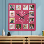 12 Photo Collage Time With Family Quote Majenta Square Wall Clock<br><div class="desc">Custom photo clock with the inspiring family quote "Time spent with family is worth every second”. Personalize with 12 of your favourite family photos.</div>