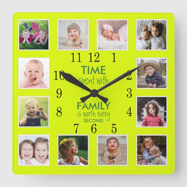 12 Photo Collage Time With Family Quote Neon Green Square Wall Clock (Front)