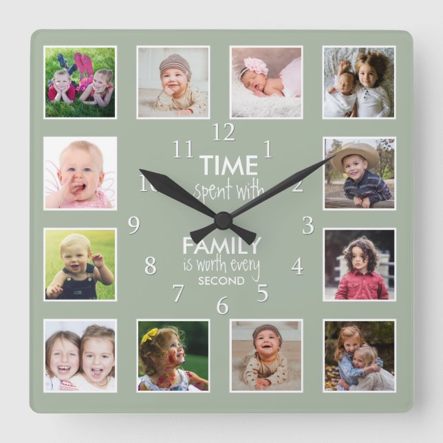 12 Photo Collage Time With Family Quote Sage Green Square Wall Clock (Front)