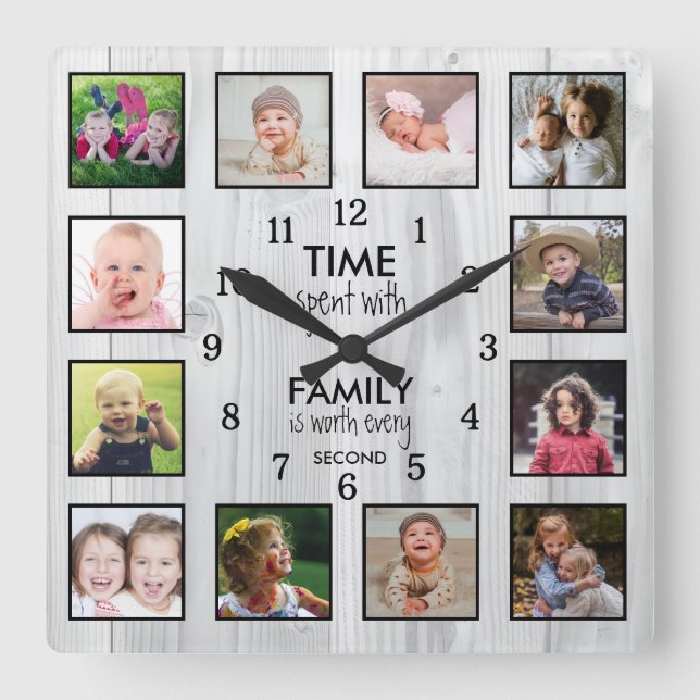 12 Photo Collage Time With Family Quote White Wood Square Wall Clock (Front)