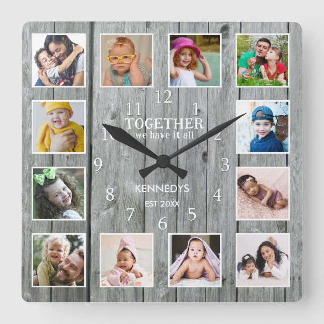12 Photo Collage Together Family Quote Grey Wood  Square Wall Clock (Front)