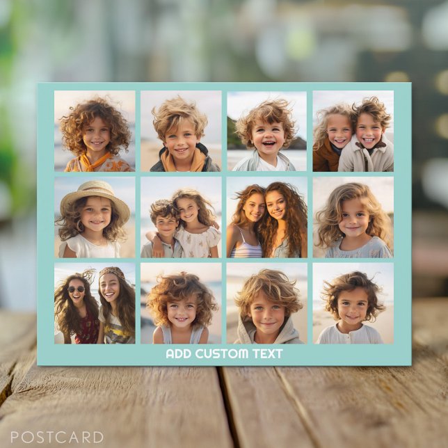 12 Photo Collage with Aqua Background Postcard (Custom Personalized Photo Collage Postcard)