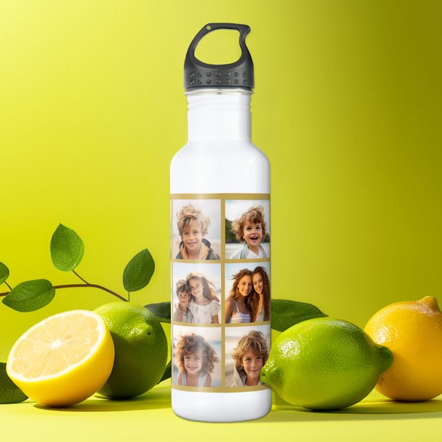 12 Photo Collage with Gold Background 710 Ml Water Bottle (Personalized photo water bottle)