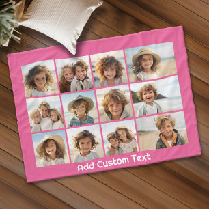 12 Photo Collage with Magenta Pink Background Fleece Blanket