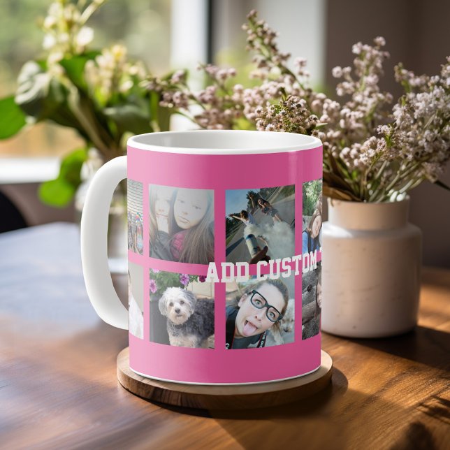 12 Photo Collage with Pink Background Coffee Mug (Mug template with a place for photos and custom text)