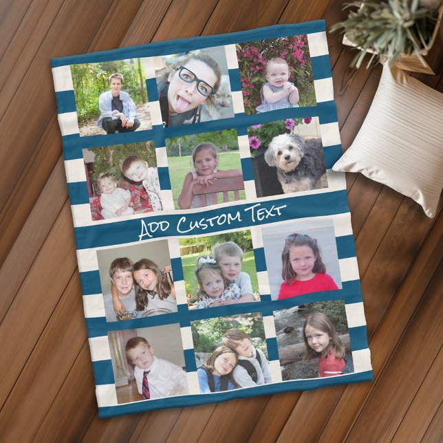 12 Photo Collage with Preppy Blue Ivory Stripes Fleece Blanket (Personalized fleece blanket with 12 photos and custom text - Makes a great Gift)