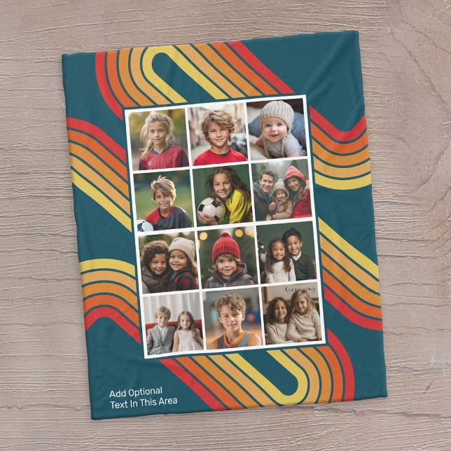 12 Photo Collage with Retro 70s Inspired Stripes Fleece Blanket (12 photo personalized fleece blanket with a message and retro stripes)