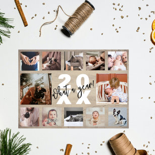 12 Photo Collage Year in Review Rustic Pine Wood Holiday Card