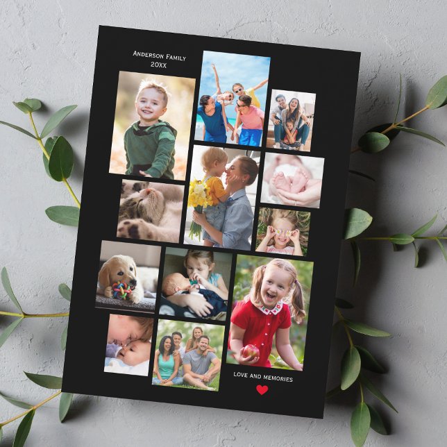 12 Photo Family Memory Collage with Heart on Black Holiday Card (Creator Uploaded)